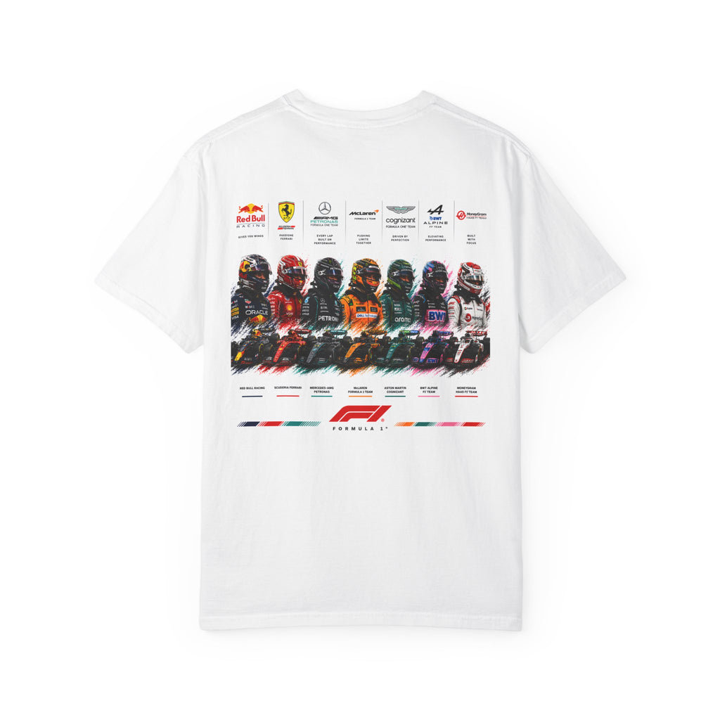 Formula 1 Driver Lineup T‑Shirt — Street-Style Script Front & Colorful Helmet Back