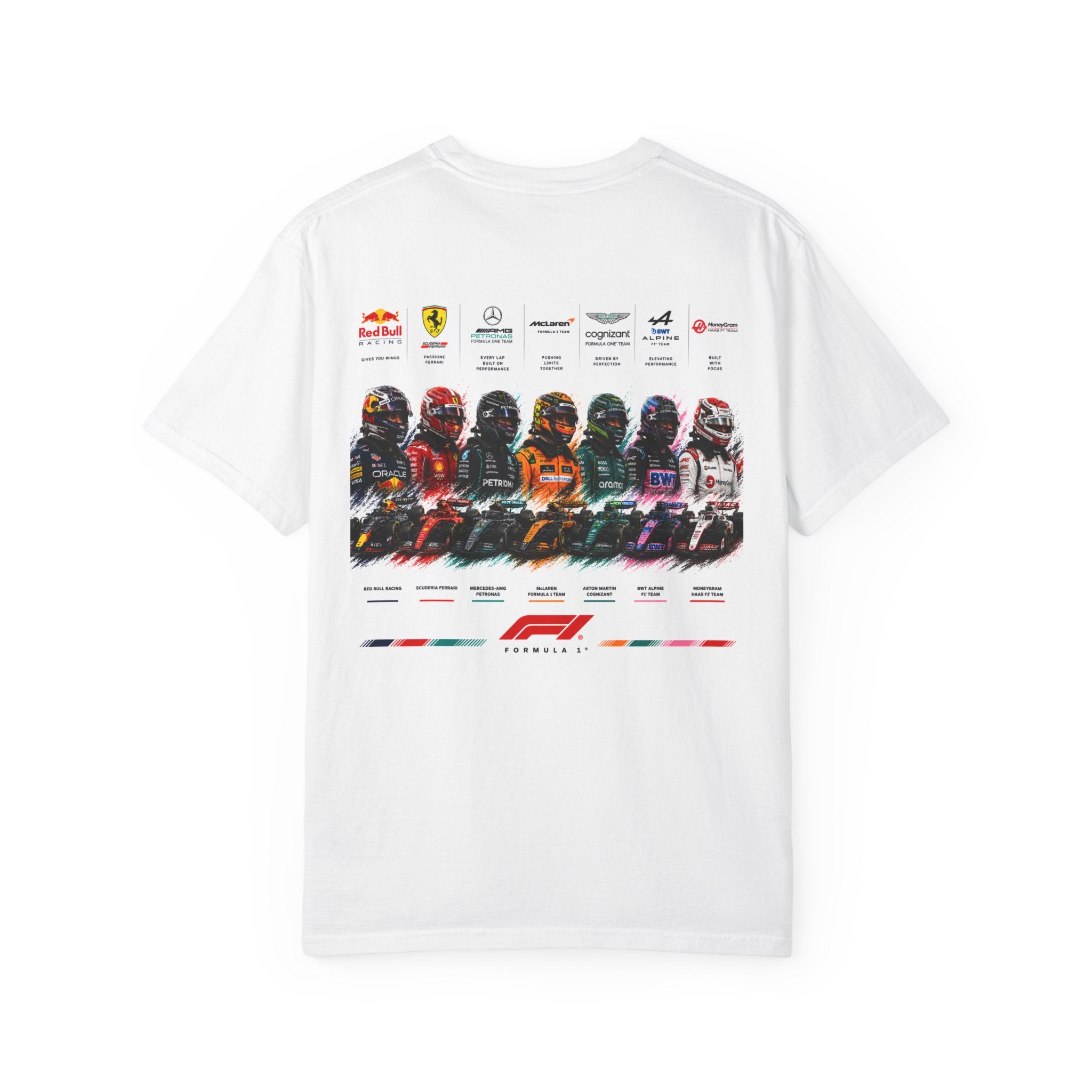 Formula 1 Driver Lineup T‑Shirt — Street-Style Script Front & Colorful Helmet Back
