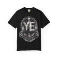 Faith Crest T-Shirt — "In Ye We Trust" Gothic Cross Tee
