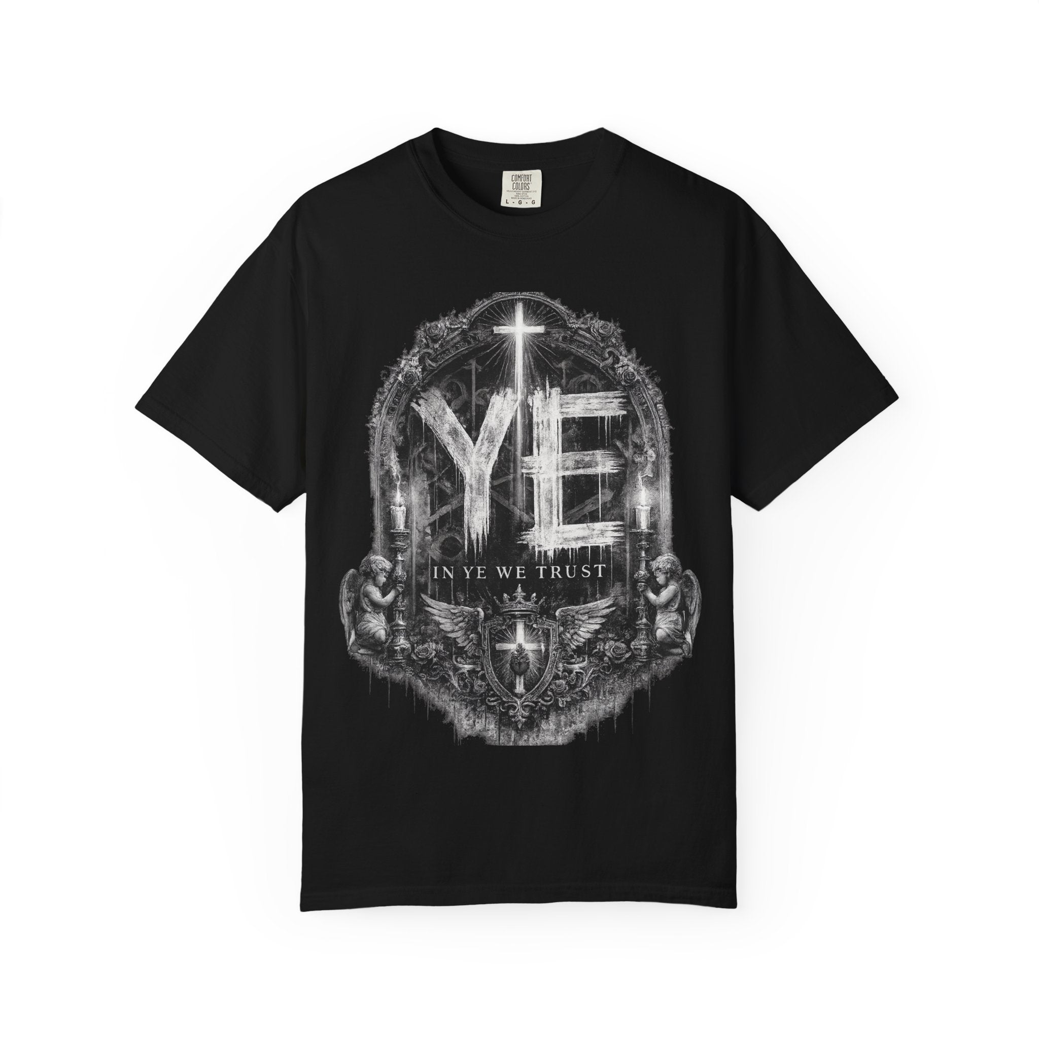 Faith Crest T-Shirt — "In Ye We Trust" Gothic Cross Tee