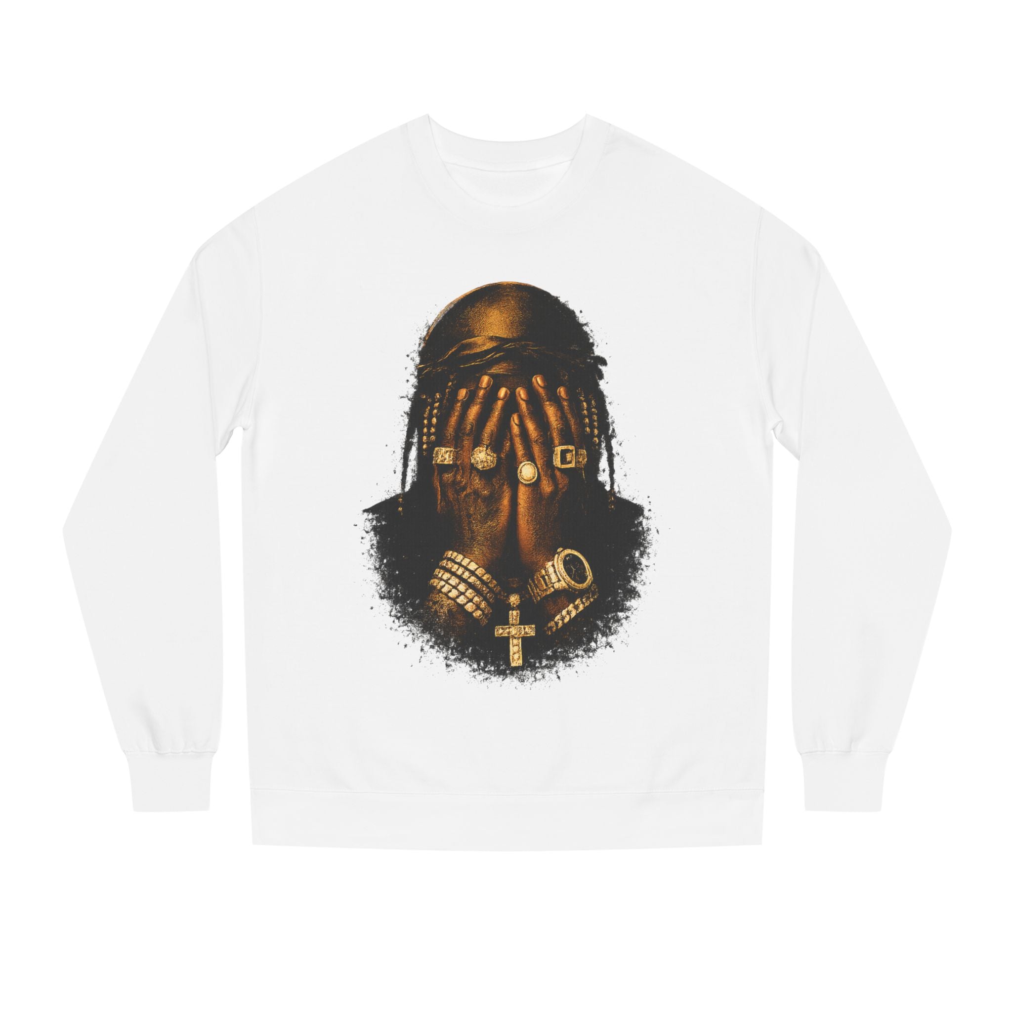 Gold Portrait Crewneck Sweatshirt — Bejeweled Face Art Graphic
