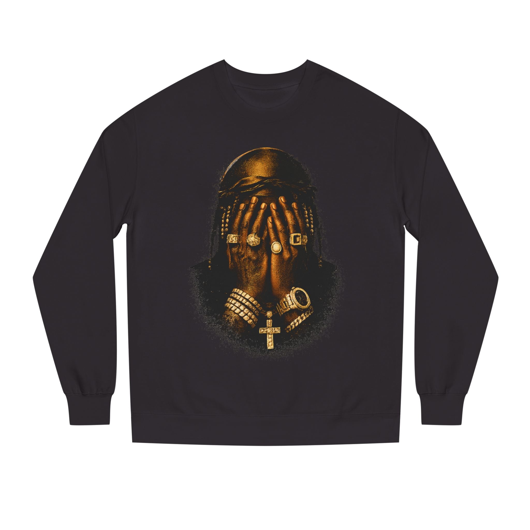 Gold Portrait Crewneck Sweatshirt — Bejeweled Face Art Graphic