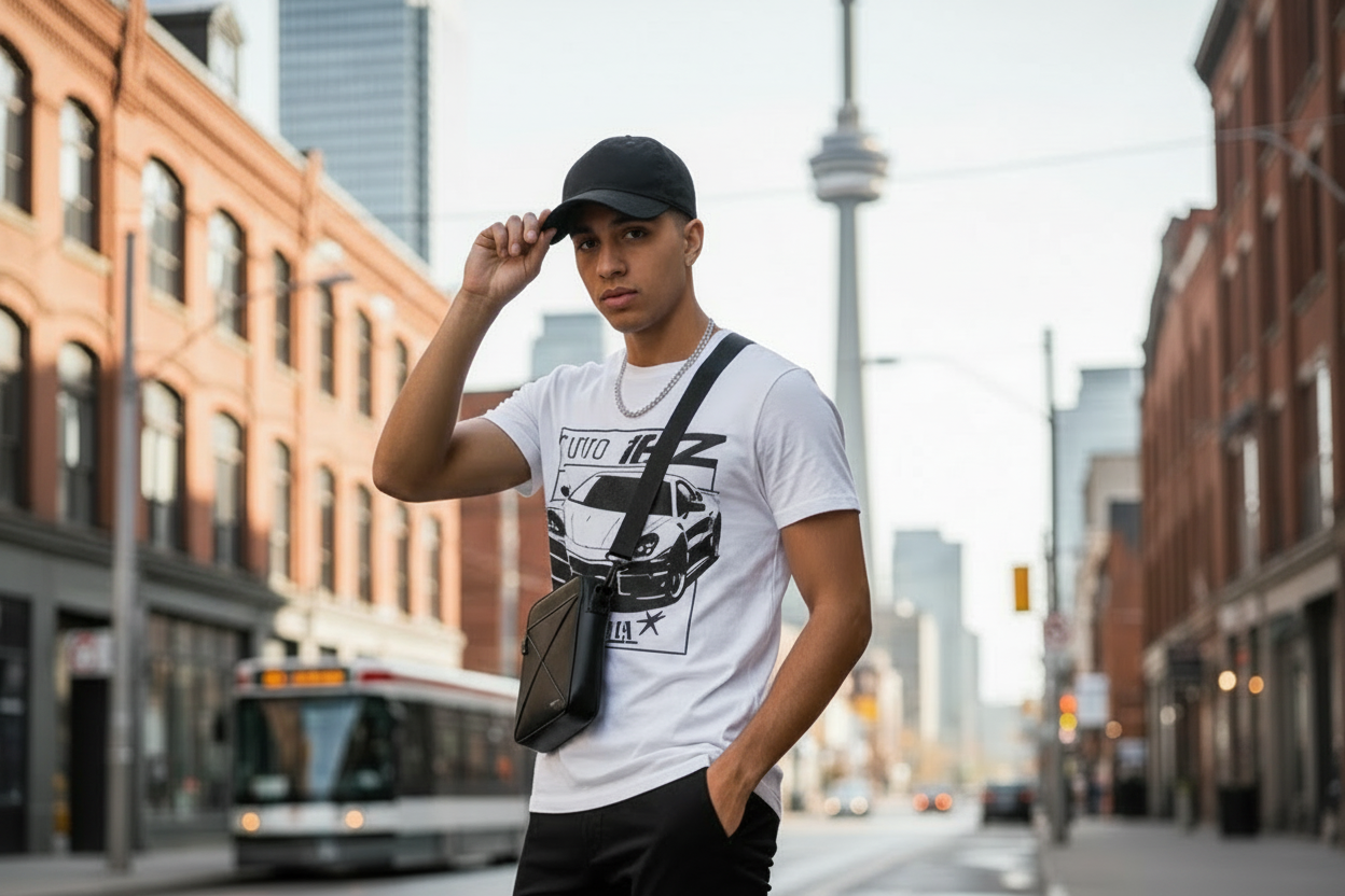 Man walking on a city street wearing a white t-shirt with graphics, black pants, and white sneakers.